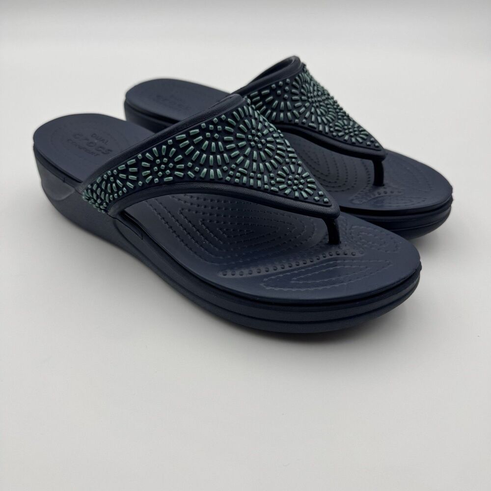 Crocs Monterey Diamante Wedge Flip Flops Black Women’s Size 9 Boho Comfort
